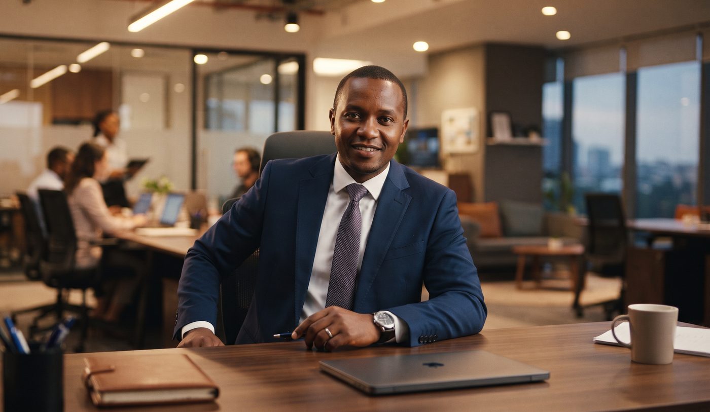 A smiling branch manager seated at his desk
