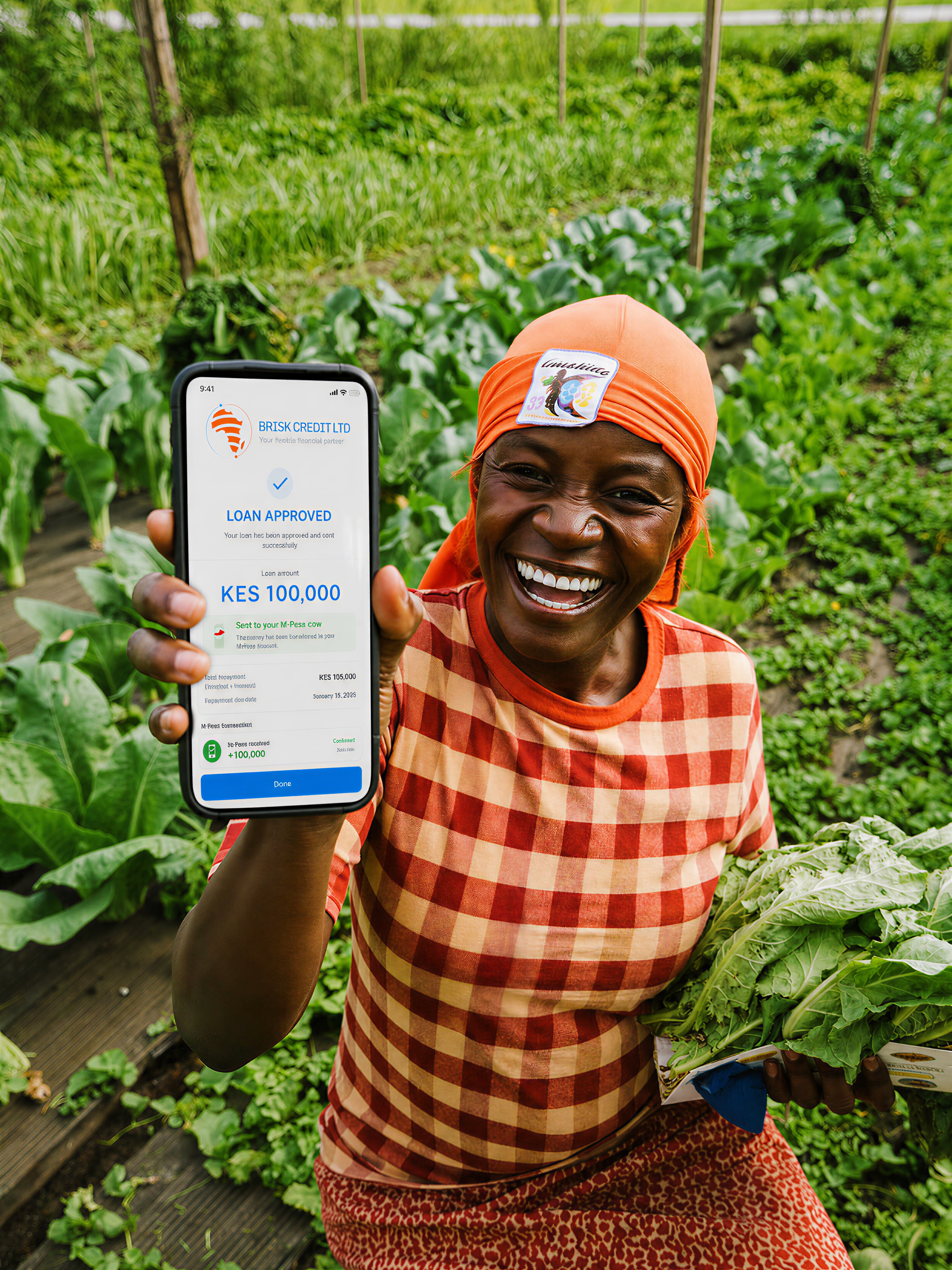 A joyful Kenyan woman farmer showing her approved Brisk Credit Shaba Kilimo loan