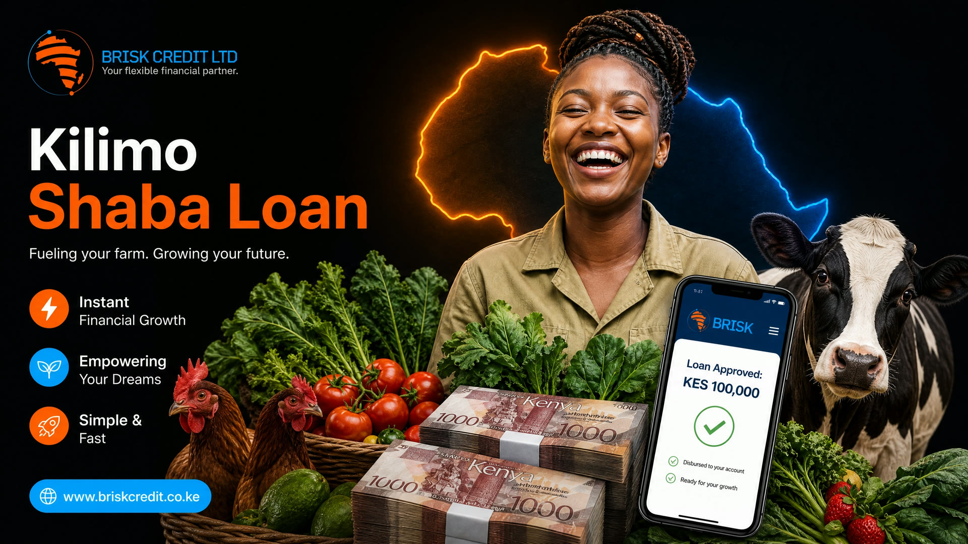 A joyful young Kenyan woman farmer with her fresh produce and dairy cow.